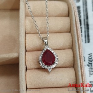 گردنبند استیل زنانه اشکی جواهری نگین قرمز کد GNB162434W