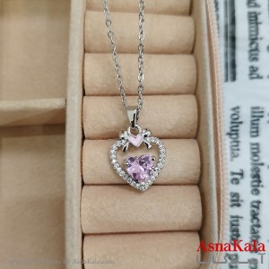 گردنبند استیل زنانه سه قلب جواهری نگین صورتی کد GNB162435W