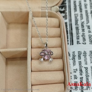 گردنبند استیل زنانه قلب و پاپپون جواهری نگین صورتی کد GNB162436W
