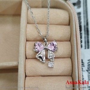گردنبند استیل زنانه پاپپون جواهری نگین صورتی کد GNB162438W