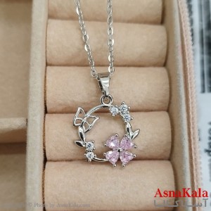 گردنبند استیل گل و پروانه جواهری نگین صورتی کد GNB162439W