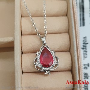 گردنبند استیل اشک مدرن جواهری نگین قرمز کد GNB162440W