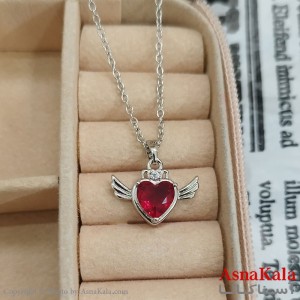 گردنبند استیل قلب بالدار نگین قرمز کد GNB162443W
