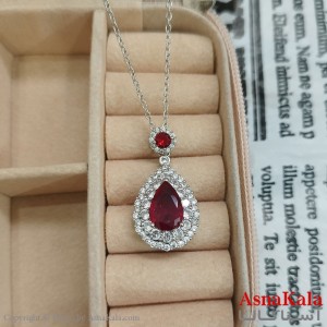 گردنبند استیل اشک جواهری نگین قرمز کد GNB162445W