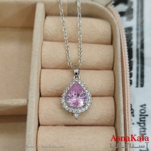 گردنبند استیل اشک جواهری نگین صورتی کد GNB162446W