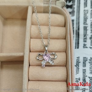 گردنبند استیل پاپیون جواهری نگین صورتی کد GNB162450W