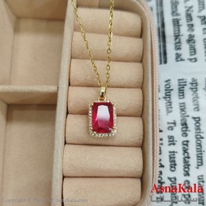 گردنبند استیل مستطیل جواهری نگین قرمز کد GNB162458W
