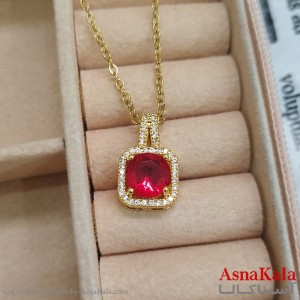 گردنبند استیل مربع جواهری نگین قرمز کد GNB162459W