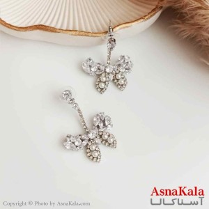 گوشواره مروارید زنانه استیل مدل پروانه با نگین سفید کد GSH15338W