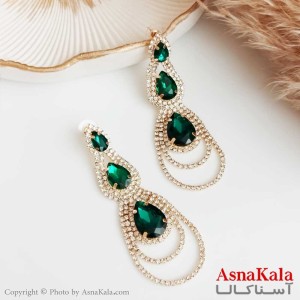 گوشواره نگین دار جواهری زنانه استیل مدل 3 نگین اشکی سبز با میخ نقره کد GSH15359W