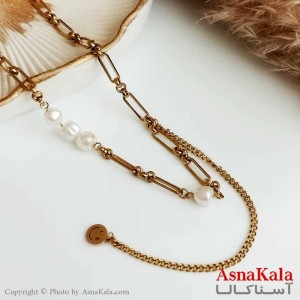 گردنبند زنانه مرواریدی با آویز لبخند استیل طلایی کد GNB16402W