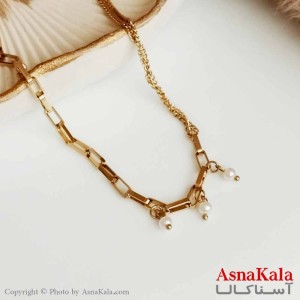 گردنبند مرواریدی زنانه استیل طلایی  با زنجیرکارتیر و آجری کد GNB16419W