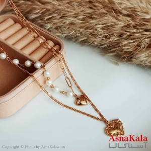 گردنبند ژوپینگ اصل زنانه مدل قلب دولاین مرواریدی رنگ طلایی کد GNB16484W