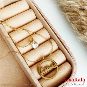 بدلیجات گردنبند دخترانه استیل طلایی  مدل دولاین love نگینی کد GNB16567W