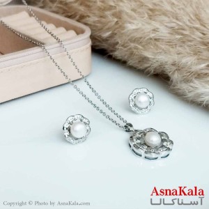 نیمست استیل دخترانه طرح  گل و مروارید رنگ نقره ای کد NIM14156W