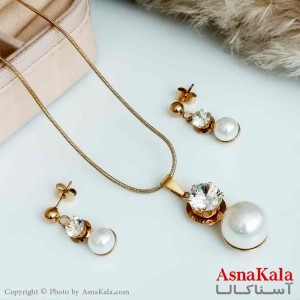 نیمست استیل دخترانه طرح مرواریدی و تک نگین رنگ طلایی کد NIM14161W