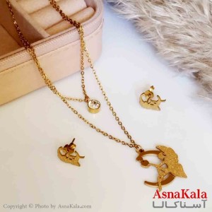 نیمست استیل دخترانه طرح دولاین فرشته ای درماه شنی و تک نگین رنگ طلایی کد NIM14222W