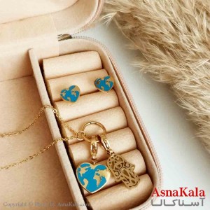 نیمست استیل دخترانه طرح قلب و دست فیروزه ای رنگ طلایی کد NIM14274W