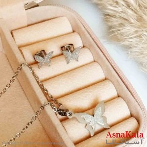 نیمست استیل دخترانه شنی طرح پروانه بزرگ رنگ نقره ای کد NIM14305W