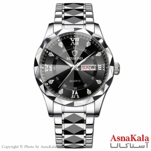 ساعت مردانه بین باند بند نقره ای صفحه مشکی قاب الماسی، ضدآب ، دارای روزشمار کد WTCH11103W