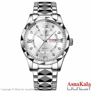 ساعت مردانه بین باند بند نقره ای صفحه نقره ای قاب الماسی، ضدآب ، دارای روزشمار کد WTCH11104W