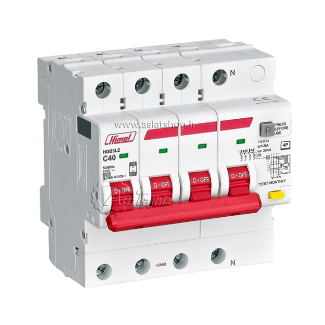 کلید نشتی جریان  ترکیبی  RCBO  هیمل چهار پل 40 آمپر -حساسیت 30 میلی آمپر قدرت قطع 6 کیلو آمپر  کد محصول : HDB3LE4C40