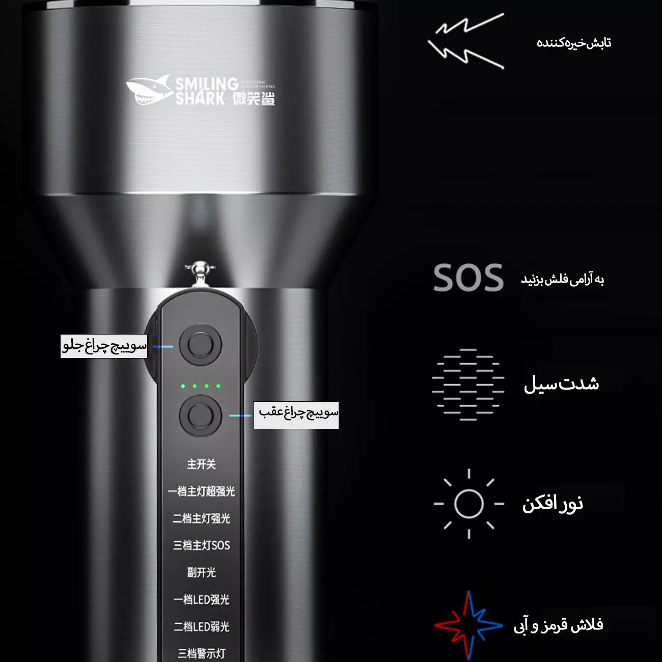 چراغ قوه، لامپ کمپینگ، پاوربانک و پشه‌کش شارژی اسمایلینگ شارک LY-8227A