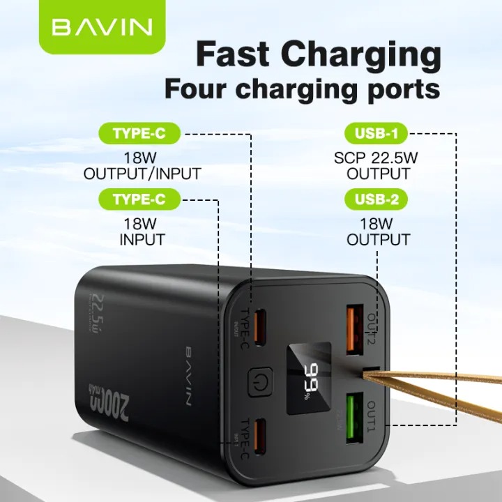 پاوربانک 20000 باوین Bavin PC1007S Fast Charge توان 22.5 وات