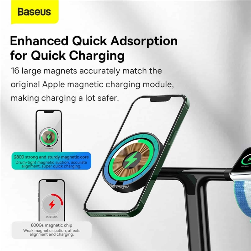 شارژر بی‌سیم مگنتی و پایه نگهدارنده موبایل 3 در 1 بیسوس Baseus Wireless Charger Holder Swan 20W WXTE000101