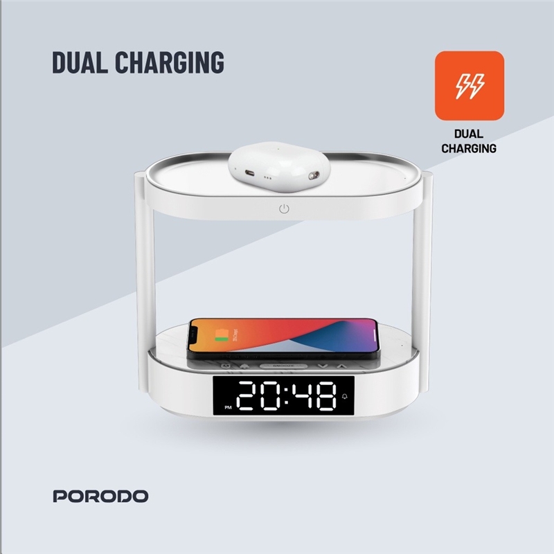 شارژر وایرلس و چراغ خواب پرودو Porodo Bedside Lamp Wireless Charging Digital Clock PD-BLWCDC