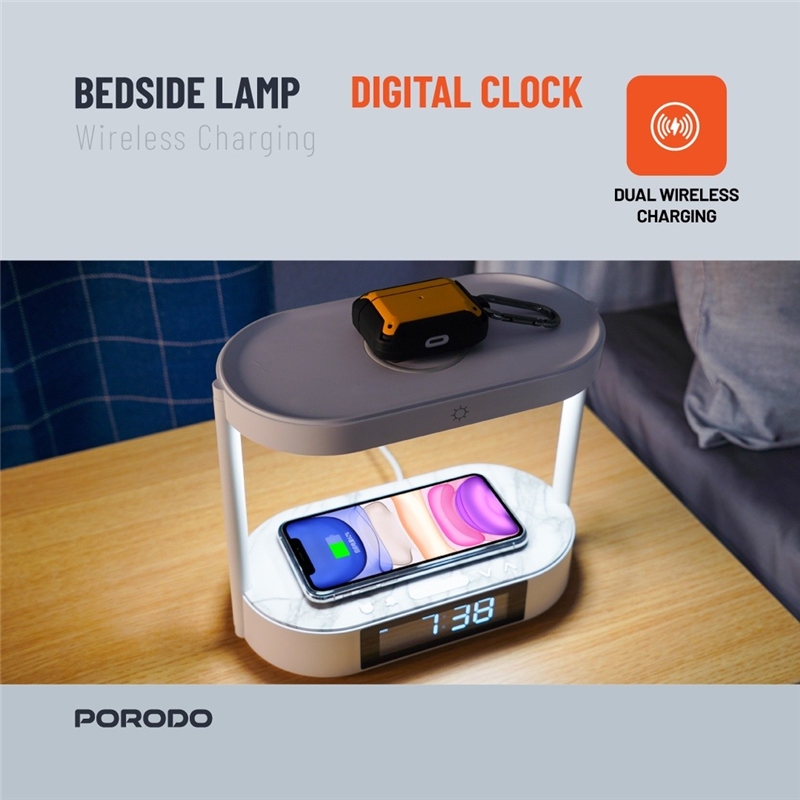 شارژر وایرلس و چراغ خواب پرودو Porodo Bedside Lamp Wireless Charging Digital Clock PD-BLWCDC