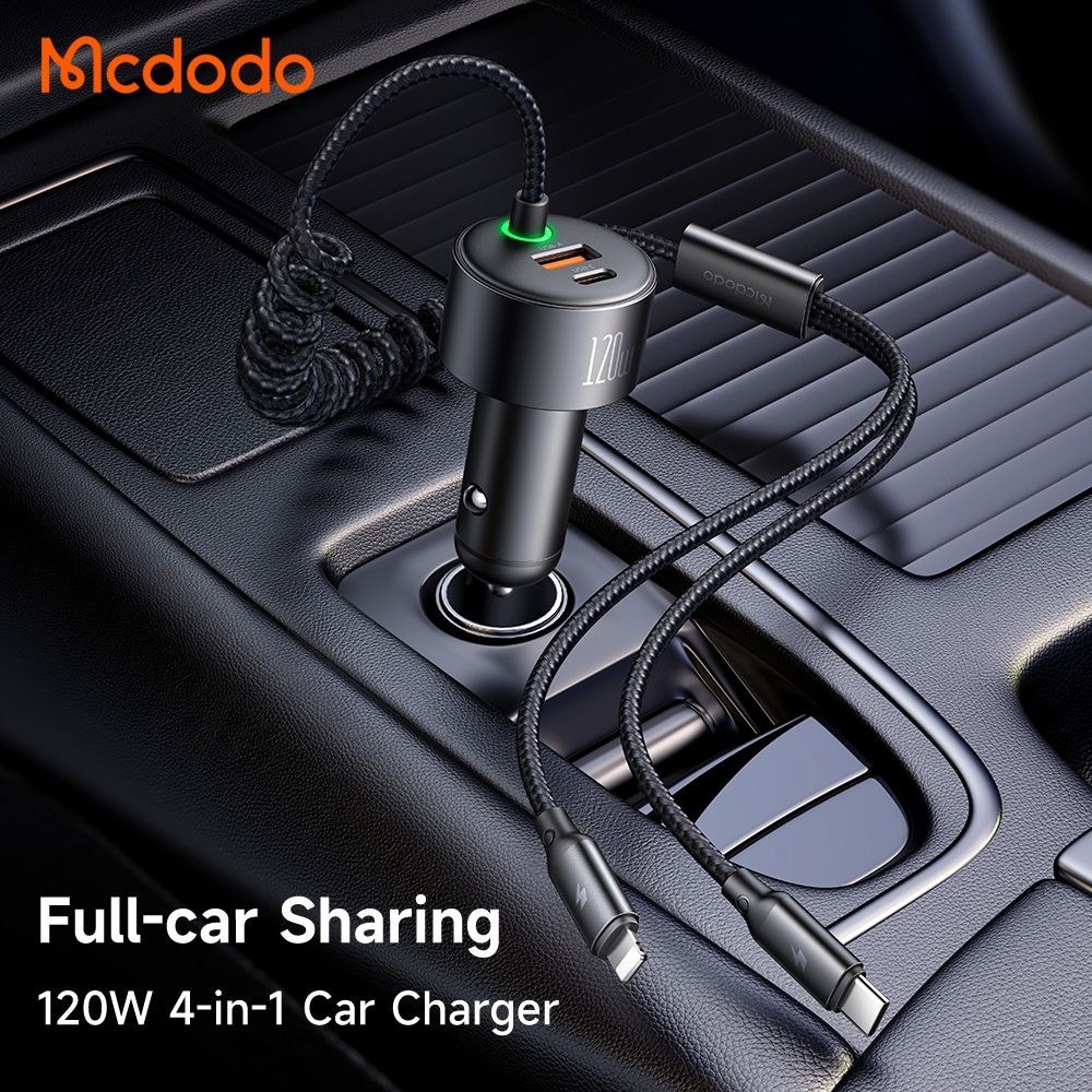 شارژر فندکی 120 وات با دو کابل متصل مک دودو Mcdodo 4 in 1 car charger CC-0370