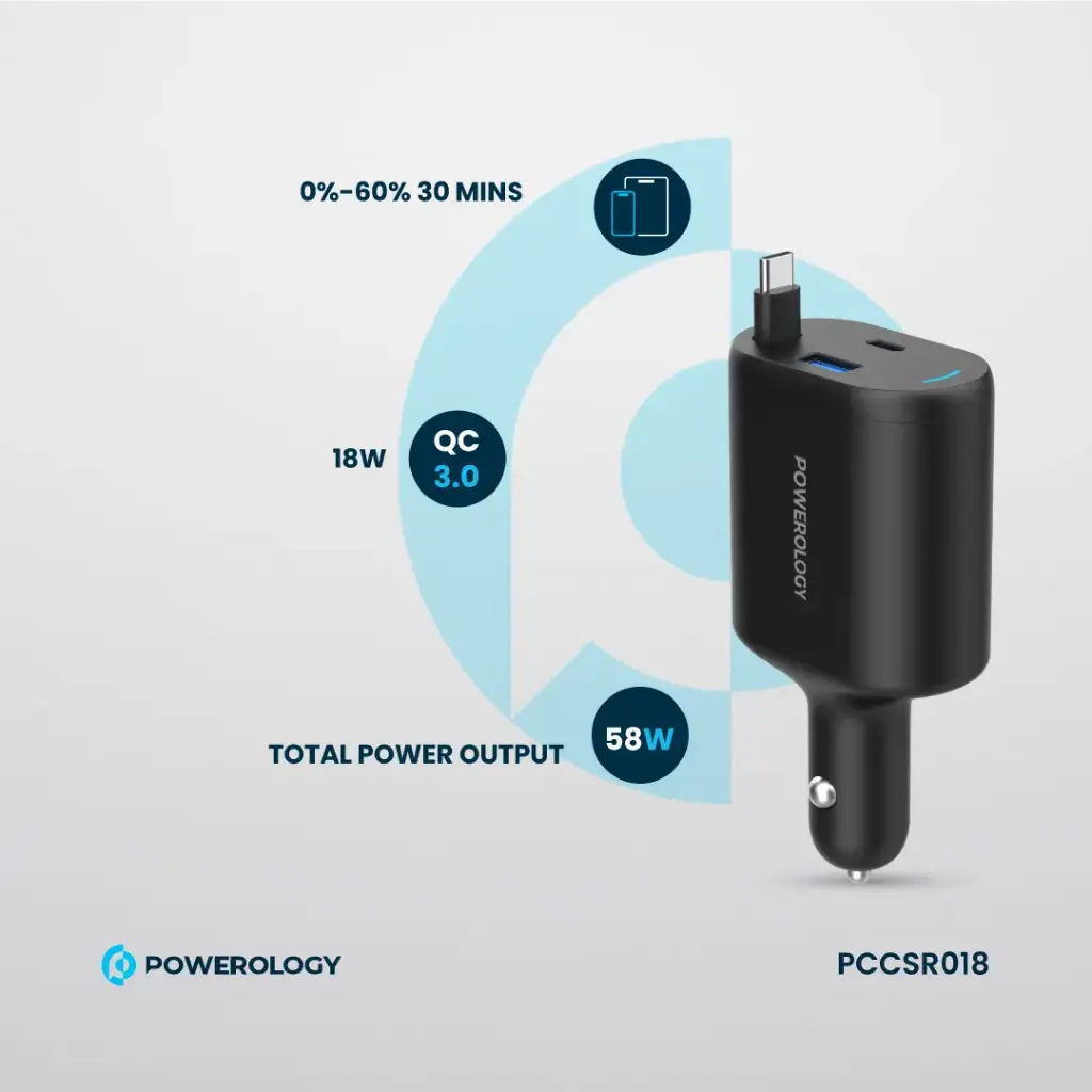 شارژرفندکی 70 وات با کابل پاورولوژی Powerology Car Charger 70W PCCSR018