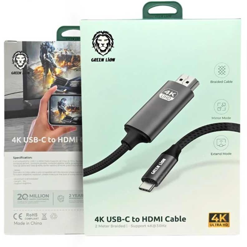 کابل تبدیل TYPE-Cبه HDMI دو متری گرین لاین Green Lion 4K USB-C to HDMI Cable GN4KTCHDMIBK