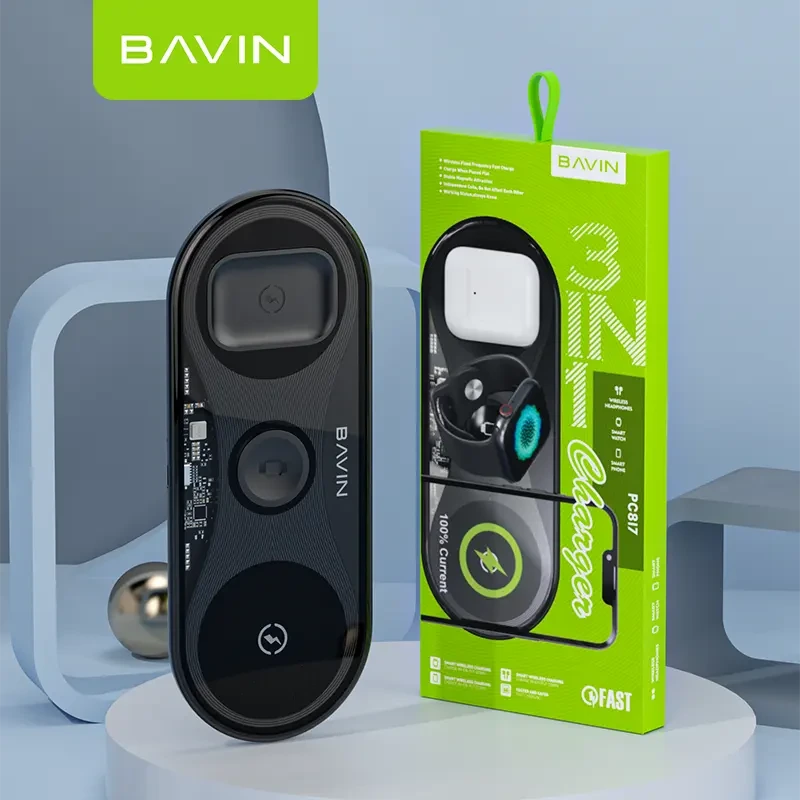 شارژر وایرلس باوین Bavin PC817 3 in 1 wireless charger توان 15 وات با قابلیت شارژ اپل واچ