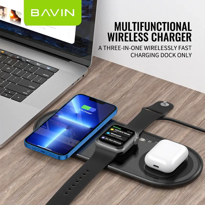 شارژر وایرلس باوین Bavin PC817 3 in 1 wireless charger توان 15 وات با قابلیت شارژ اپل واچ