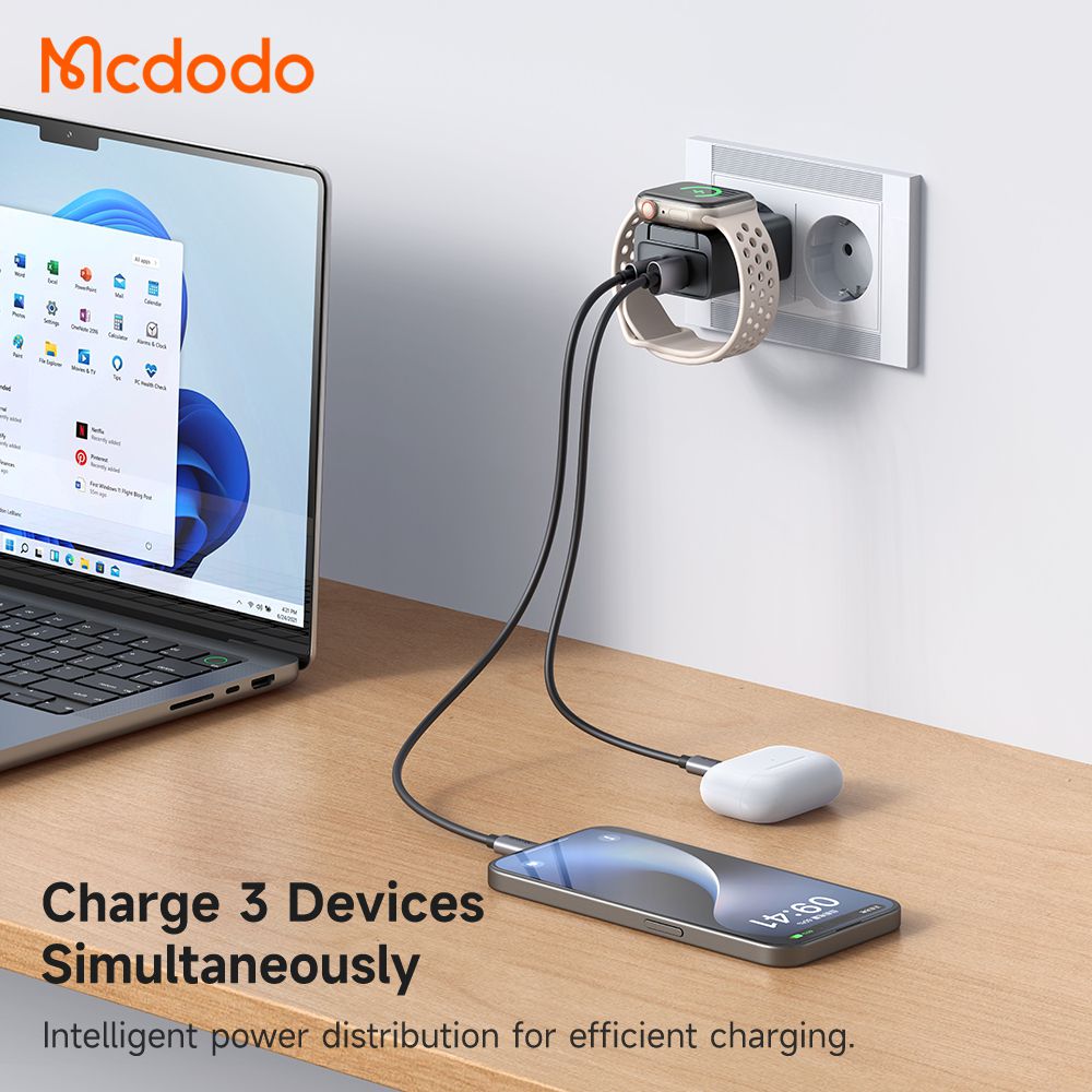 آداپتور دو پورت 30 وات همراه با شارژ اپل واچ مک دودو Mcdodo 2in1 Charger CH-3700