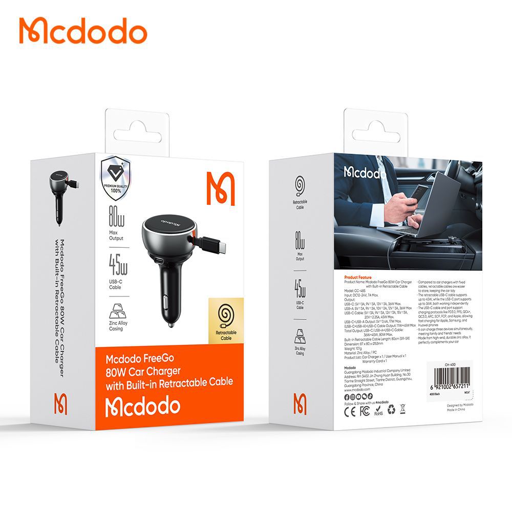 شارژ فندکی 80 وات با کابل جمع شونده تایپ سی مک دودو Mcdodo CC-4850