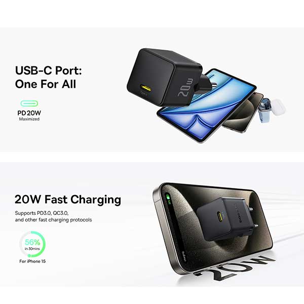 آداپتور شارژ 20 وات با کابل بیسوس Baseus 1C 20W Type-C Palm Fast Charger CCZC20CE