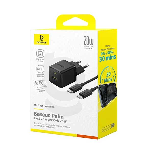 آداپتور شارژ 20 وات دو پورت با کابل بیسوس BASEUS Palm USB+Type-C Dual Port CCZC20UE