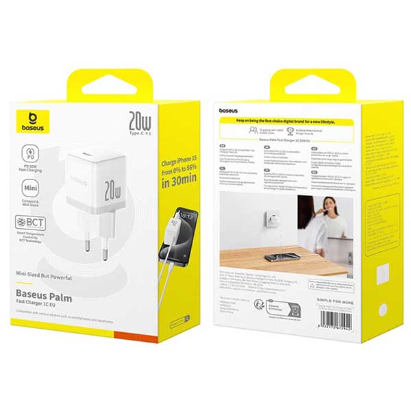 آداپتور شارژ 20 وات با کابل بیسوس Baseus 1C 20W Type-C Palm Fast Charger CCZC20CE