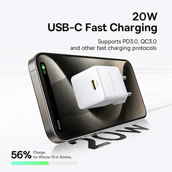 آداپتور شارژ 20 وات با کابل بیسوس Baseus 1C 20W Type-C Palm Fast Charger CCZC20CE