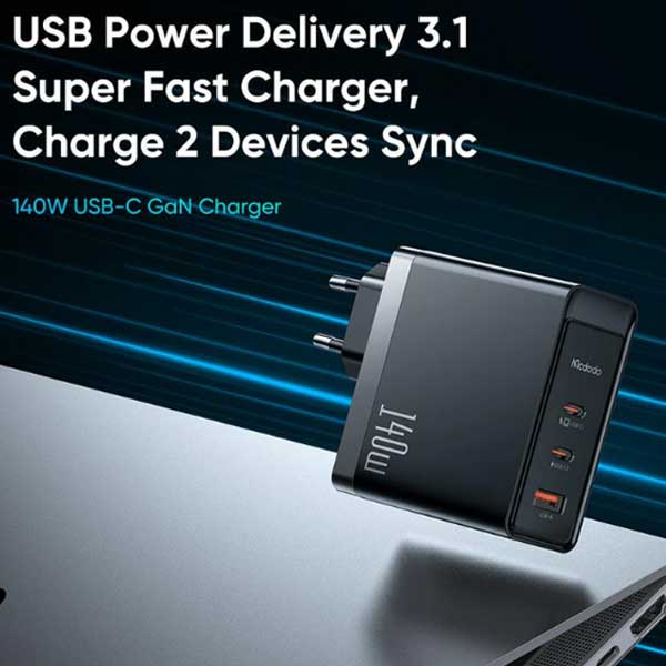 آداپتور شارژ 3 پورت 140 واتی با کابل مک دودو Mcdodo 140W GaN5 Pro Fast Charger CH-2913