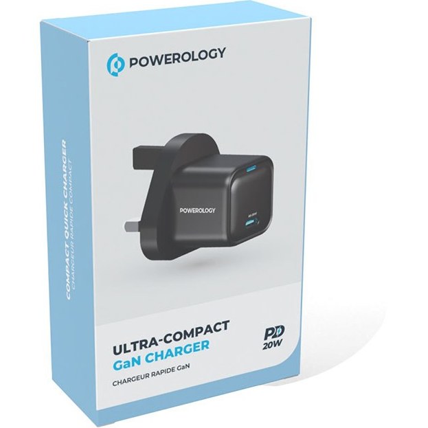 آداپتور شارژ 20 وات با کابل دو سر تایپ سی پاورولوژی Powerology Ultra-Compact GaN Charger PWCUQC016-C