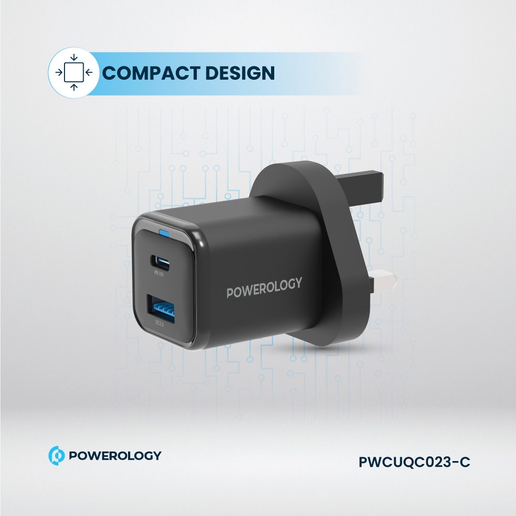 آداپتور شارژ 2 پورت 35 وات با کابل دو سر تایپ سی پاورولوژی Powerology Super Compact Quick Charger PWCUQC023-C