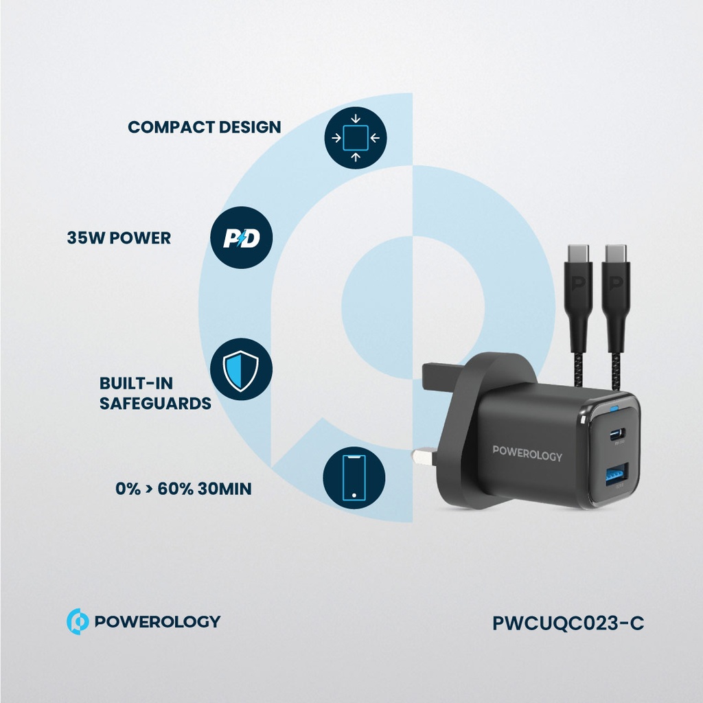 آداپتور شارژ 2 پورت 35 وات با کابل دو سر تایپ سی پاورولوژی Powerology Super Compact Quick Charger PWCUQC023-C