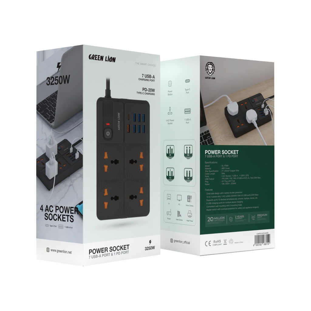 چندراهی برق 3250 وات گرین لاین Power Socket 7 USB-A Port &amp; 1 PD Port GNPS7UPDUKBK