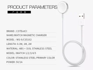 شارژر مغناطیسی اپل واچ سری 1/2/3/4/5 یک متری کوتتسی Coteetci iWatch magnetic charger usb interface CS5162-1000