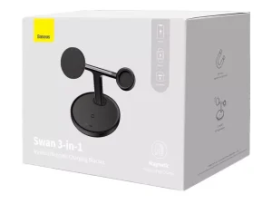 شارژر بی سیم مگنتی رومیزی آیفون 20 وات و پایه نگهدارنده موبایل 3 در 1 بیسوس Baseus Swan 3-in-1 Wireless Magnetic Charging Bracket 20W