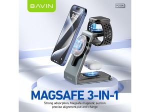 استند و شارژر وایرلس چندکاره مگ سیف باوین Bavin PC1076 3in1 توان 15 وات با قابلیت شارژ اپل واچ